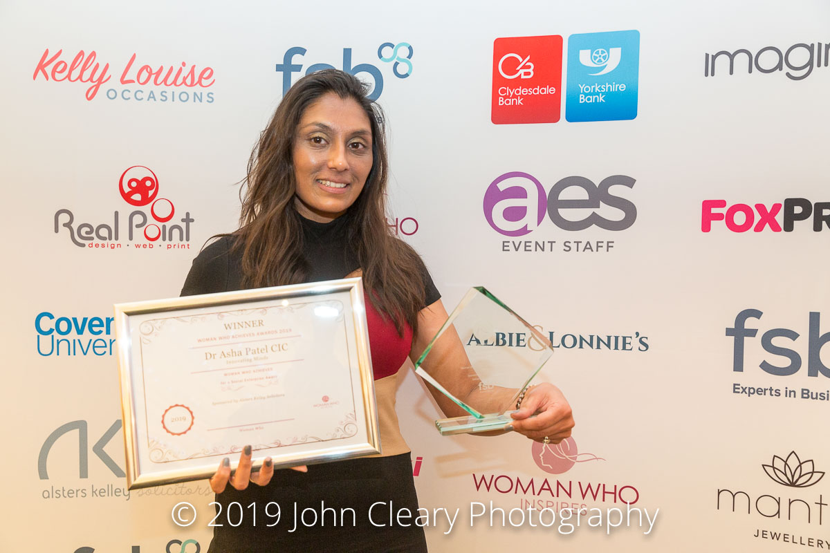 Congratulations Dr Asha Patel, Innovating Minds CIC, Winner of the Woman Who Achieves for a CIC Award 2019 Sponsored by Alsters Kelley Solicitors