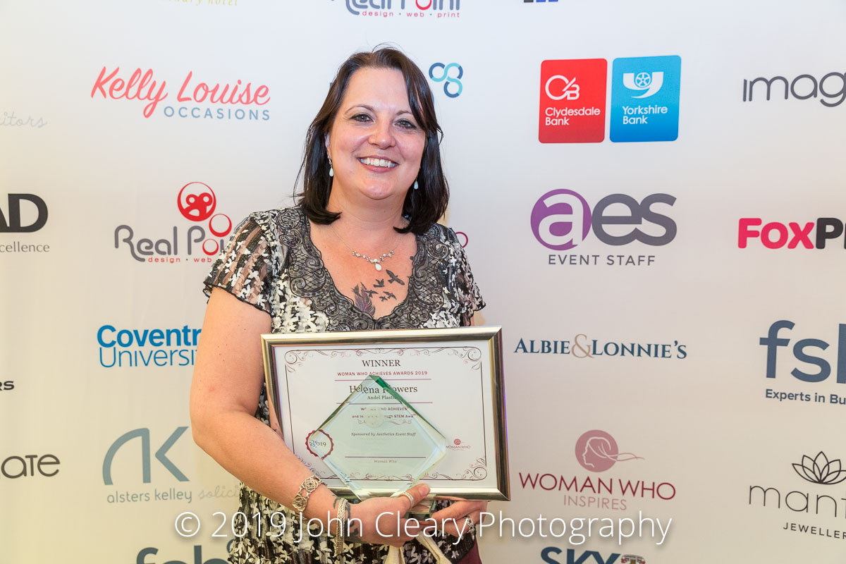 Congratulations Helena Flowers, Andel Plastics, Winner of the Woman Who Achieves in STEM Award 2019 Sponsored by Aesthetics Event Staff