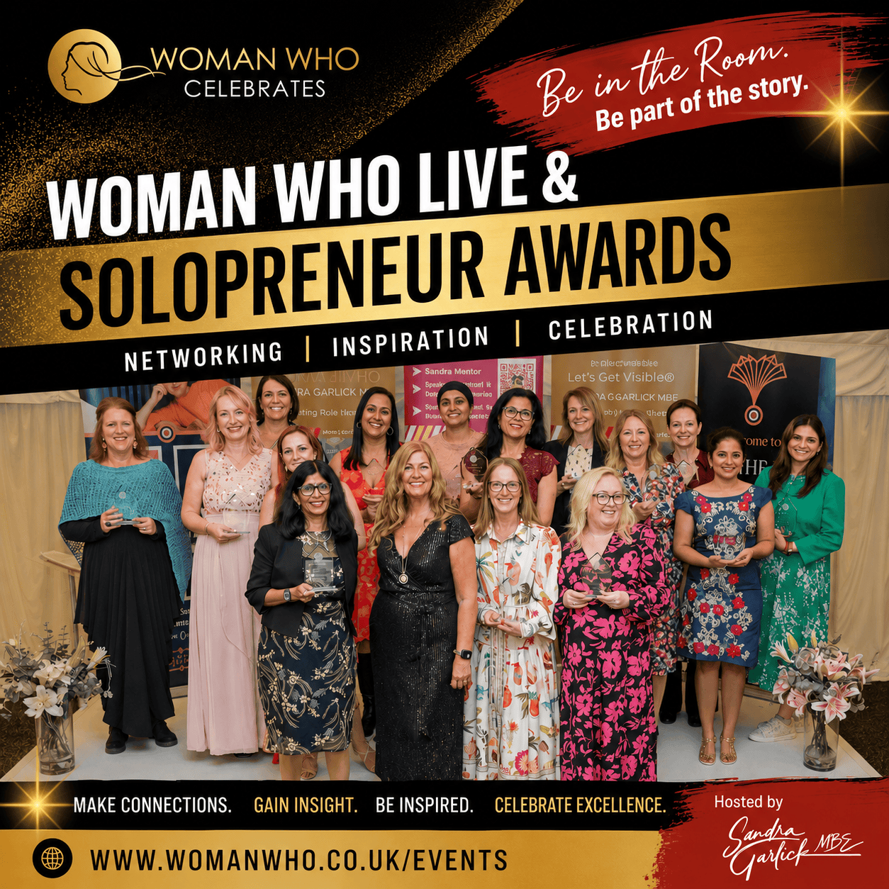 Woman Who Live & Solopreneur Awards 2026 Friday 9th October 2026 hosted by Sandra Garlick MBE at the National Conference Centre, Solihull